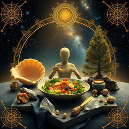 Create a stunning scene that blends elements of conscious eating, nature, and the golden ratio with mysticism and cosmic beauty