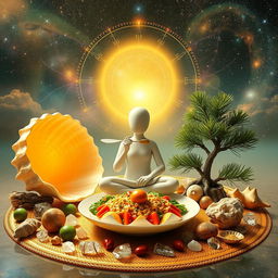 Create a stunning scene that blends elements of conscious eating, nature, and the golden ratio with mysticism and cosmic beauty