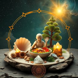 Create a stunning scene that blends elements of conscious eating, nature, and the golden ratio with mysticism and cosmic beauty