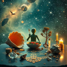 Create a stunning scene that blends elements of conscious eating, nature, and the golden ratio with mysticism and cosmic beauty