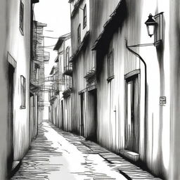 A hand-drawn image in black and white of a dark, gloomy, and eerie alley