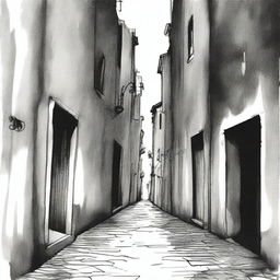 A hand-drawn image in black and white of a dark, gloomy, and eerie alley