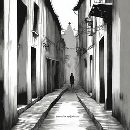 A hand-drawn image in black and white of a dark, gloomy, and eerie alley