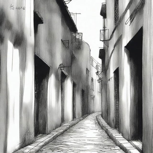 A hand-drawn image in black and white of a dark, gloomy, and eerie alley