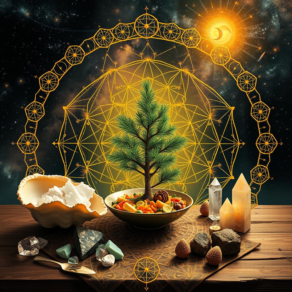 Design a mesmerizing scene that integrates elements of conscious eating, nature, and the golden ratio with mysticism and cosmic beauty