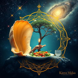 Design a mesmerizing scene that integrates elements of conscious eating, nature, and the golden ratio with mysticism and cosmic beauty