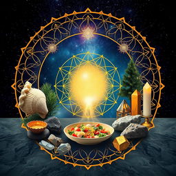 Design a mesmerizing scene that integrates elements of conscious eating, nature, and the golden ratio with mysticism and cosmic beauty