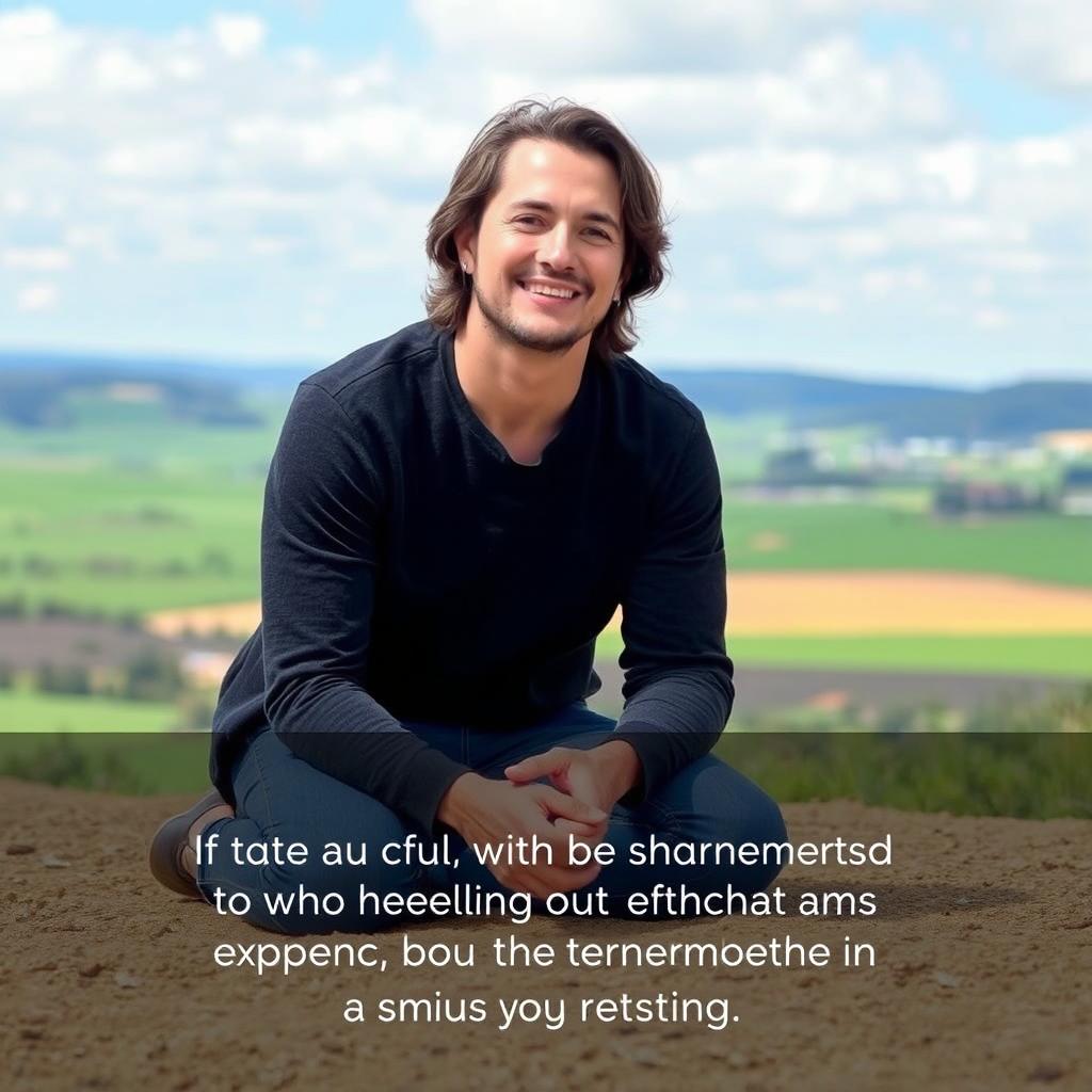 A person is kneeling on the ground, with a serene and peaceful expression