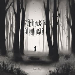 A hand-drawn black and white image of a sinister forest at night