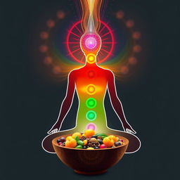 Create an image of a stylized human body with colorful chakras and an energy vortex rising from the earth to the sky