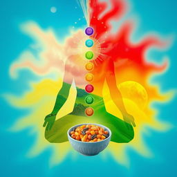 Create an image of a stylized human body with colorful chakras and an energy vortex rising from the earth to the sky