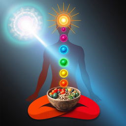 Create an image of a stylized human body with colorful chakras and an energy vortex rising from the earth to the sky