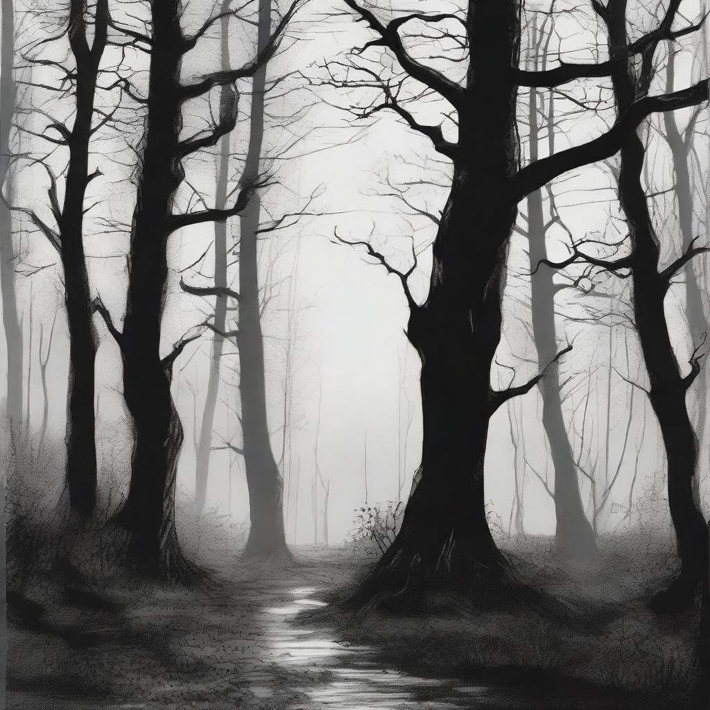 A hand-drawn image in black and white of a sinister forest