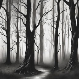 A hand-drawn image in black and white of a sinister forest