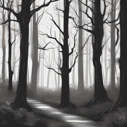 A hand-drawn image in black and white of a sinister forest