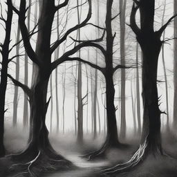 A hand-drawn image in black and white of a sinister forest