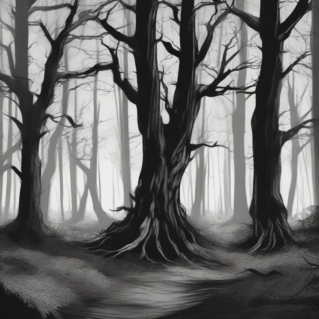 A hand-drawn image in black and white of a sinister forest