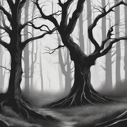 A hand-drawn image in black and white of a sinister forest