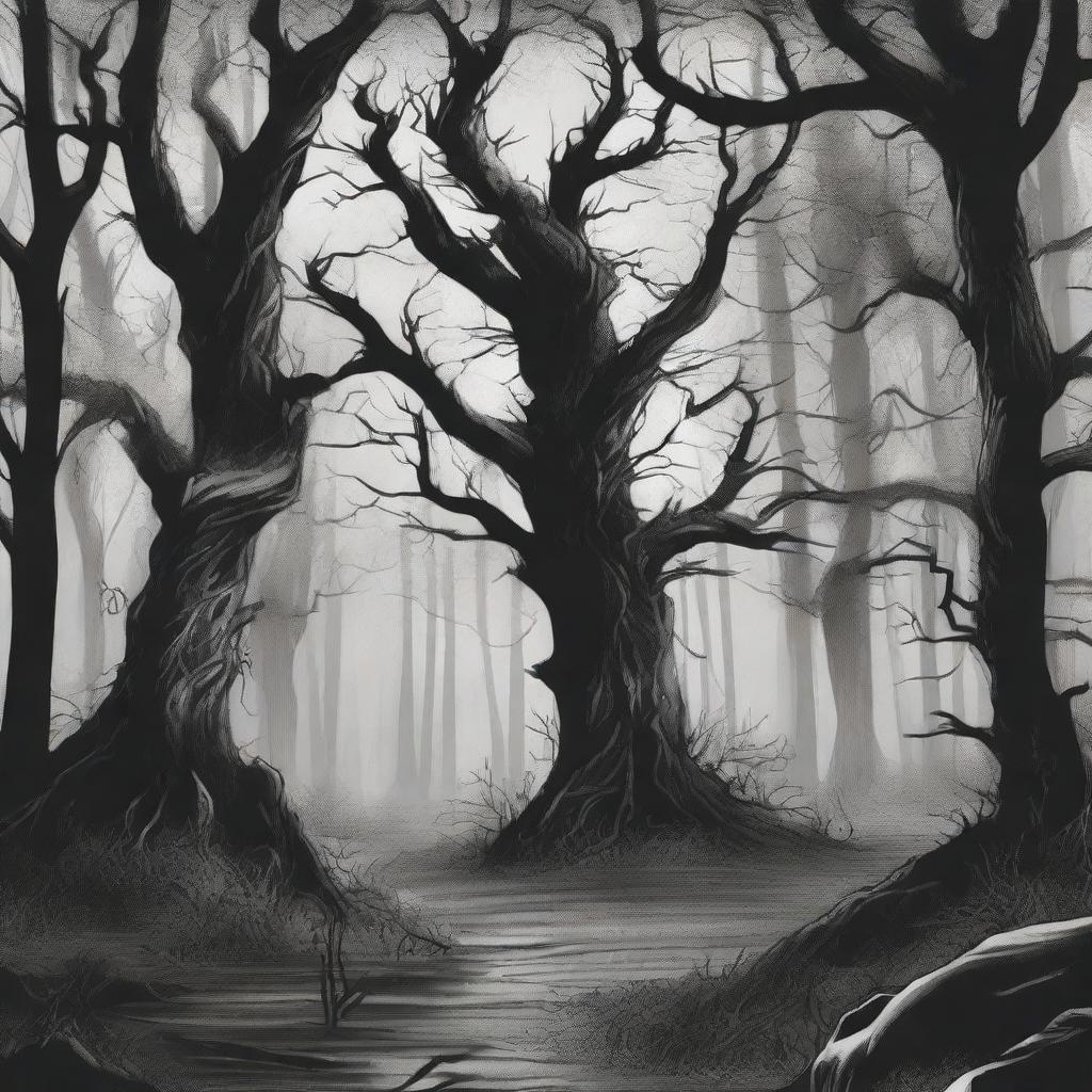 A hand-drawn image in black and white of a sinister forest