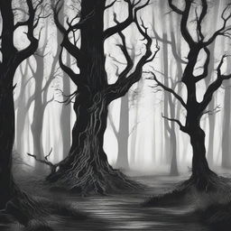 A hand-drawn image in black and white of a sinister forest