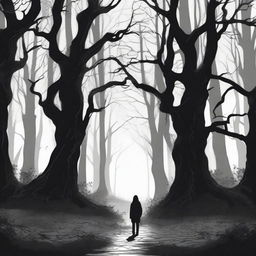 A hand-drawn image in black and white of a dark and sinister forest