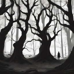 A hand-drawn image in black and white of a dark and sinister forest