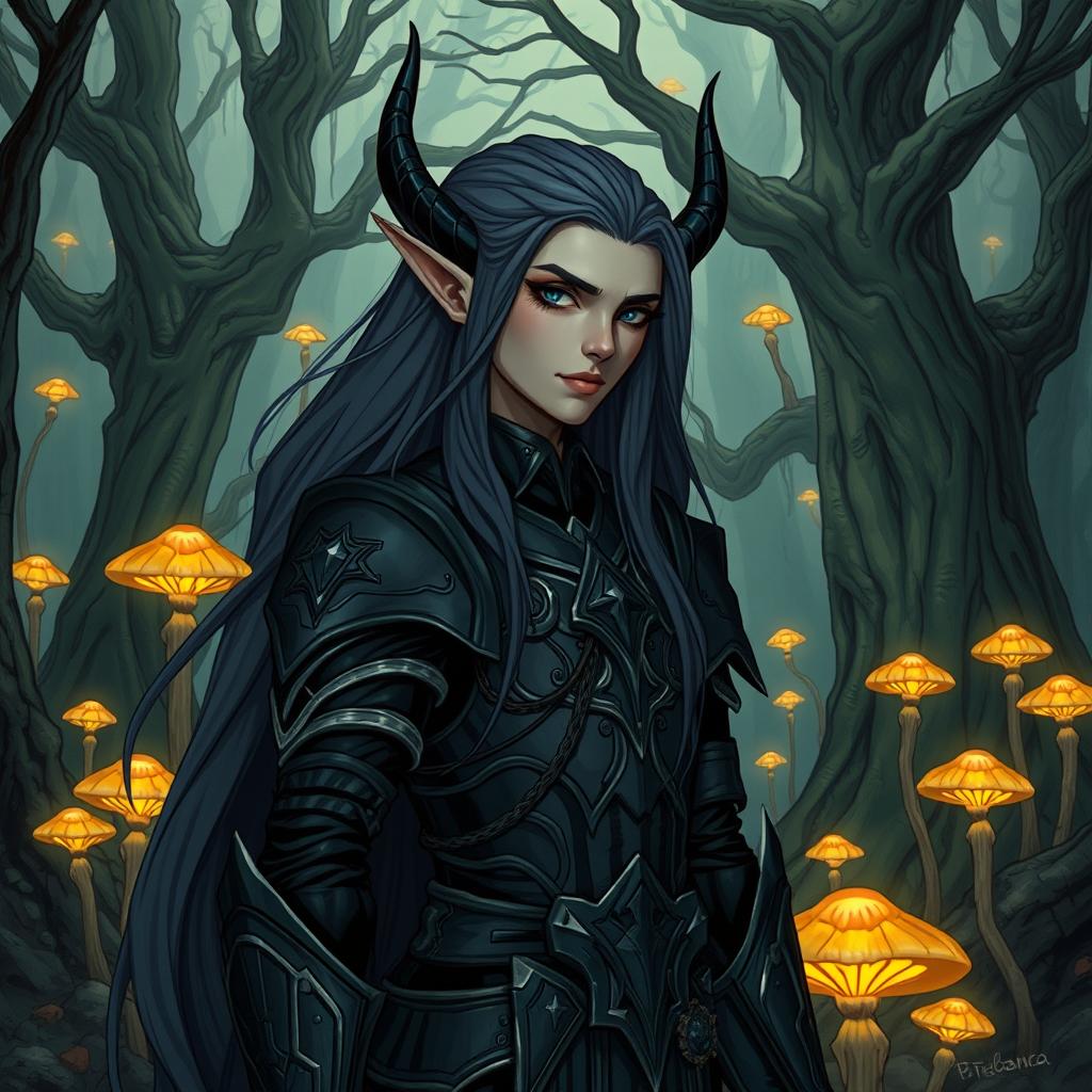 A detailed illustration of a dark elf with sharp features, long flowing hair, and elegant armor