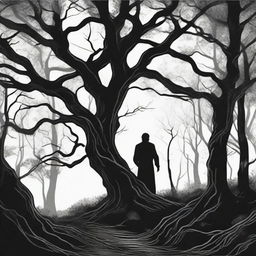 A hand-drawn image in black and white of a dark and sinister forest