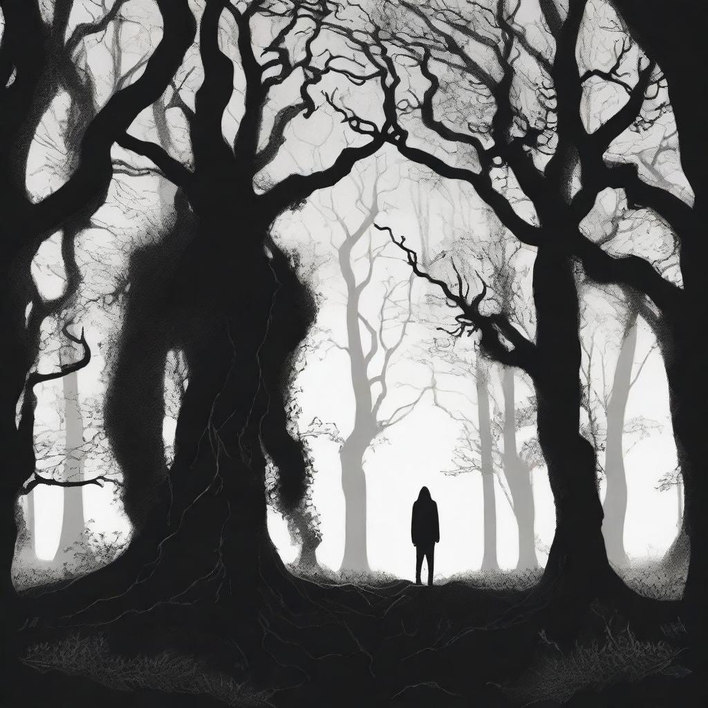 A hand-drawn image in black and white of a dark and sinister forest