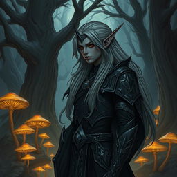 A detailed illustration of a dark elf with sharp features, long flowing hair, and elegant armor