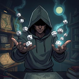 A dynamic illustration of a dungeon master wearing a hoodie, with the hood casting a shadow over their face, making it unseeable