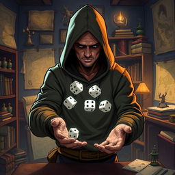 A dynamic illustration of a dungeon master wearing a hoodie, with the hood casting a shadow over their face, making it unseeable