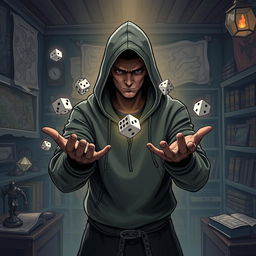 A dynamic illustration of a dungeon master wearing a hoodie, with the hood casting a shadow over their face, making it unseeable