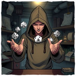 A dynamic illustration of a dungeon master wearing a hoodie, with the hood casting a shadow over their face, making it unseeable