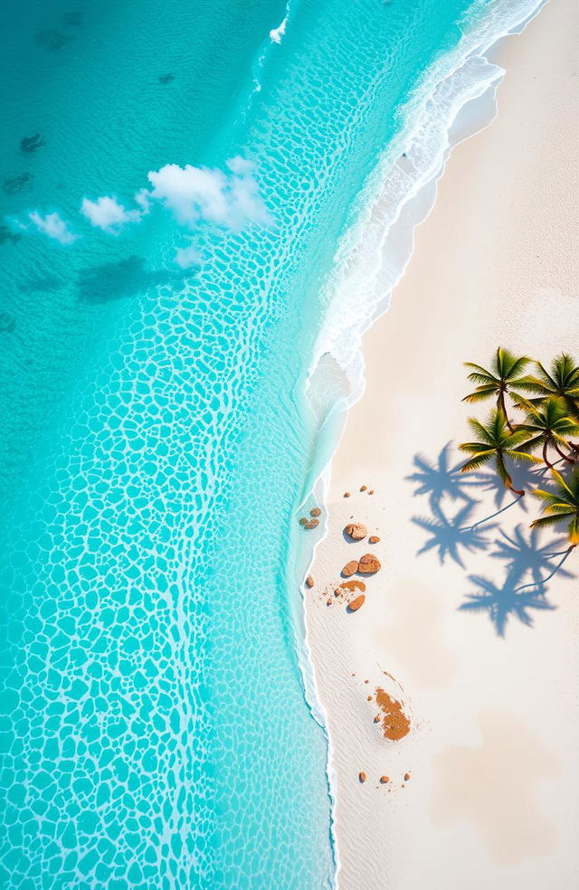 An Instagram Story background showing an overhead view of a pristine tropical beach with clear blue ocean waves, white sand, palm trees, and a clear sky