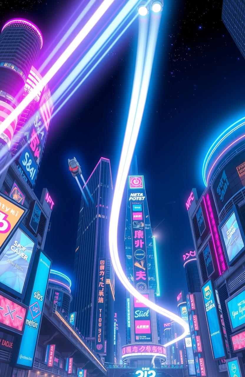 A futuristic Instagram Story background featuring a neon cityscape, holograms, and flying cars against a dark starry sky.