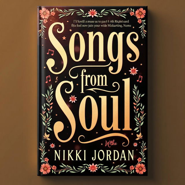 Create a book cover for 'Songs from the Soul' by Monique Nikki Jordan with a rich, warm color palette, elegant typography, and artistic elements symbolizing the essence of the soul and music