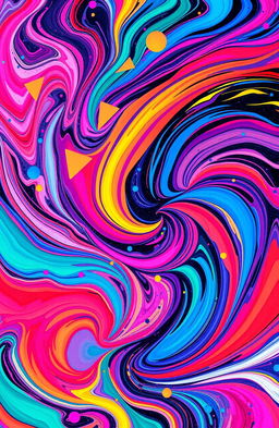 An abstract art piece featuring vibrant swirls of colors and geometric shapes