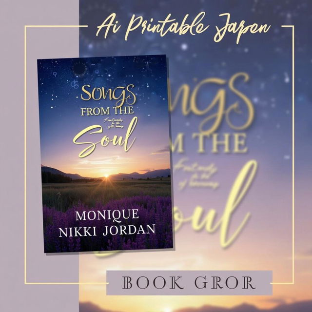 Create a printable book cover for 'Songs from the Soul' by Monique Nikki Jordan, featuring a serene landscape background with a twilight sky, elegant fonts, and subtle elements like musical notes