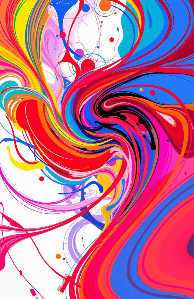 An abstract art piece featuring vibrant swirls of colors and geometric shapes