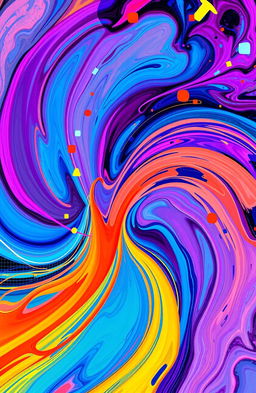 An abstract art piece featuring vibrant swirls of colors and geometric shapes