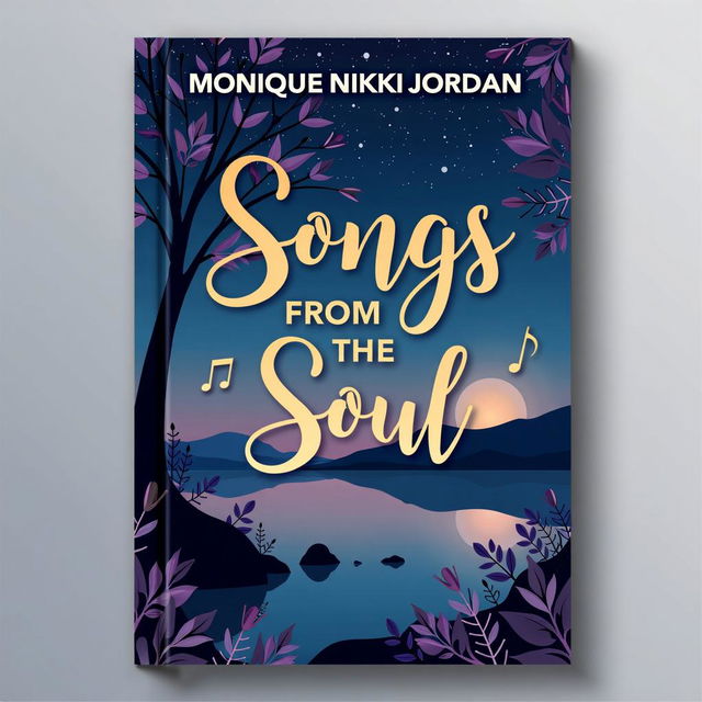 Design a printable book cover for 'Songs from the Soul' by Monique Nikki Jordan, featuring a tranquil twilight sky background, elegant fonts, and subtle artistic elements like musical notes