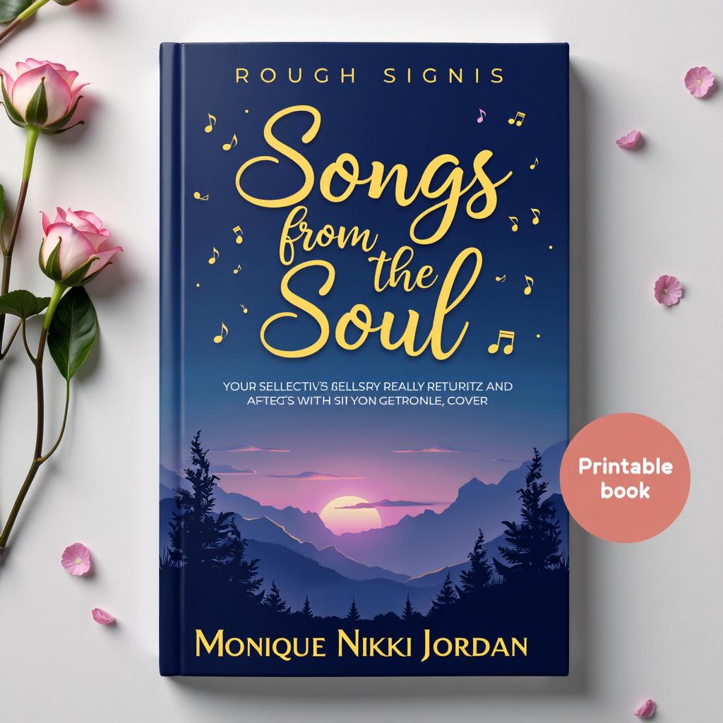 Design a printable book cover for 'Songs from the Soul' by Monique Nikki Jordan, featuring a tranquil twilight sky background, elegant fonts, and subtle artistic elements like musical notes