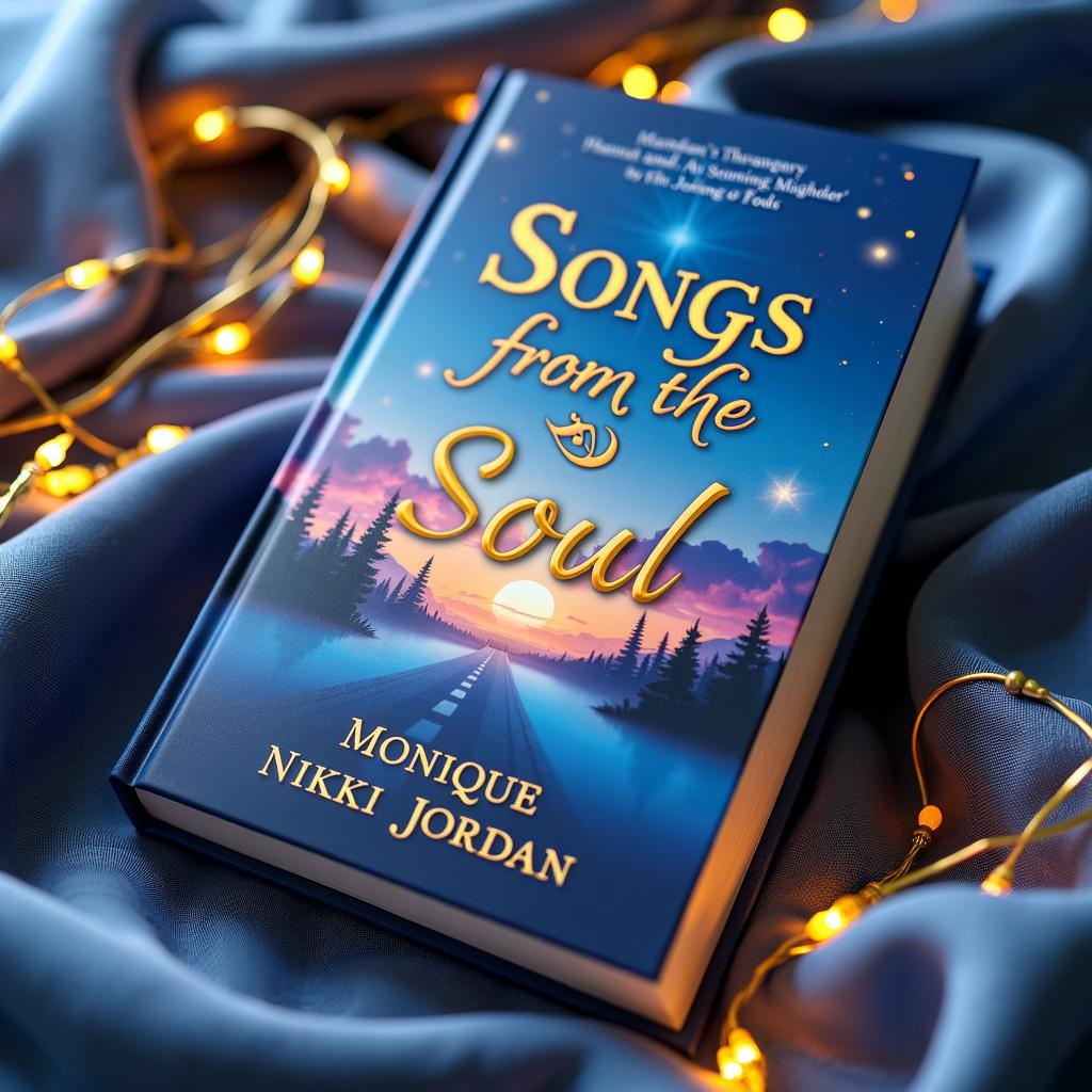 Create a book cover for 'Songs from the Soul' by Monique Nikki Jordan, featuring a tranquil twilight sky background, elegant fonts, and subtle artistic elements like musical notes