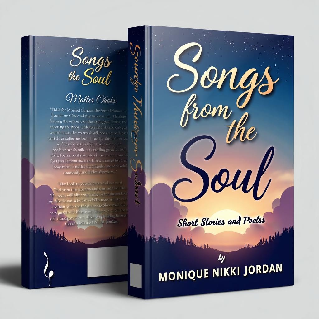 Design a book cover for 'Songs from the Soul; Short Stories and Poems' by Monique Nikki Jordan, featuring a tranquil twilight sky background, elegant fonts, and subtle artistic elements like musical notes