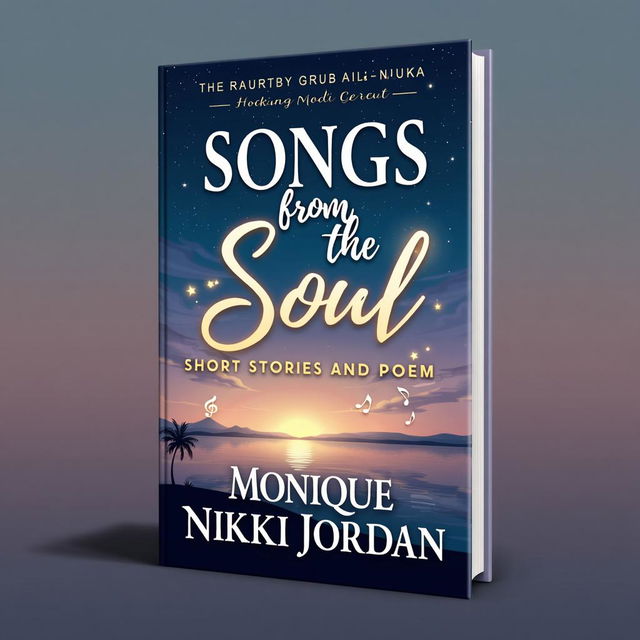 Create a book cover for 'Songs from the Soul; Short Stories and Poems' by Monique Nikki Jordan, featuring a tranquil twilight sky background, elegant fonts, and subtle artistic elements like musical notes