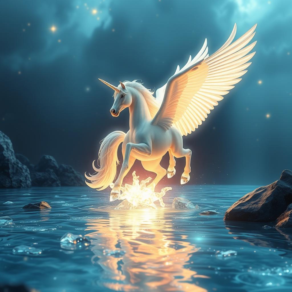 A majestic alicorn with crystal hooves soaring gracefully over a shimmering crystal pool