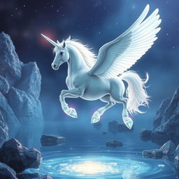 A majestic alicorn with crystal hooves soaring gracefully over a shimmering crystal pool