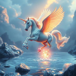 A majestic alicorn with crystal hooves soaring gracefully over a shimmering crystal pool