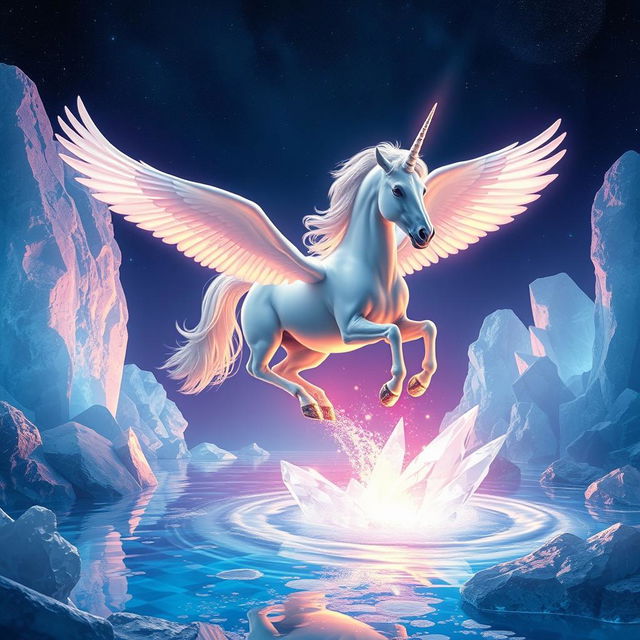 A majestic alicorn with crystal hooves soaring gracefully over a shimmering crystal pool